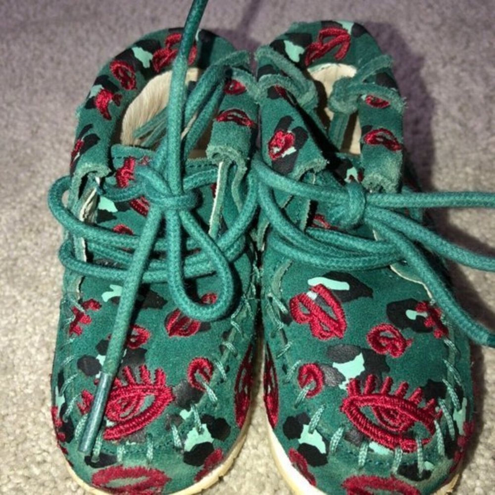Akid Stone Leopard Leather Shoes Size 4C Unisex Toddlers‎ Girls Green Red